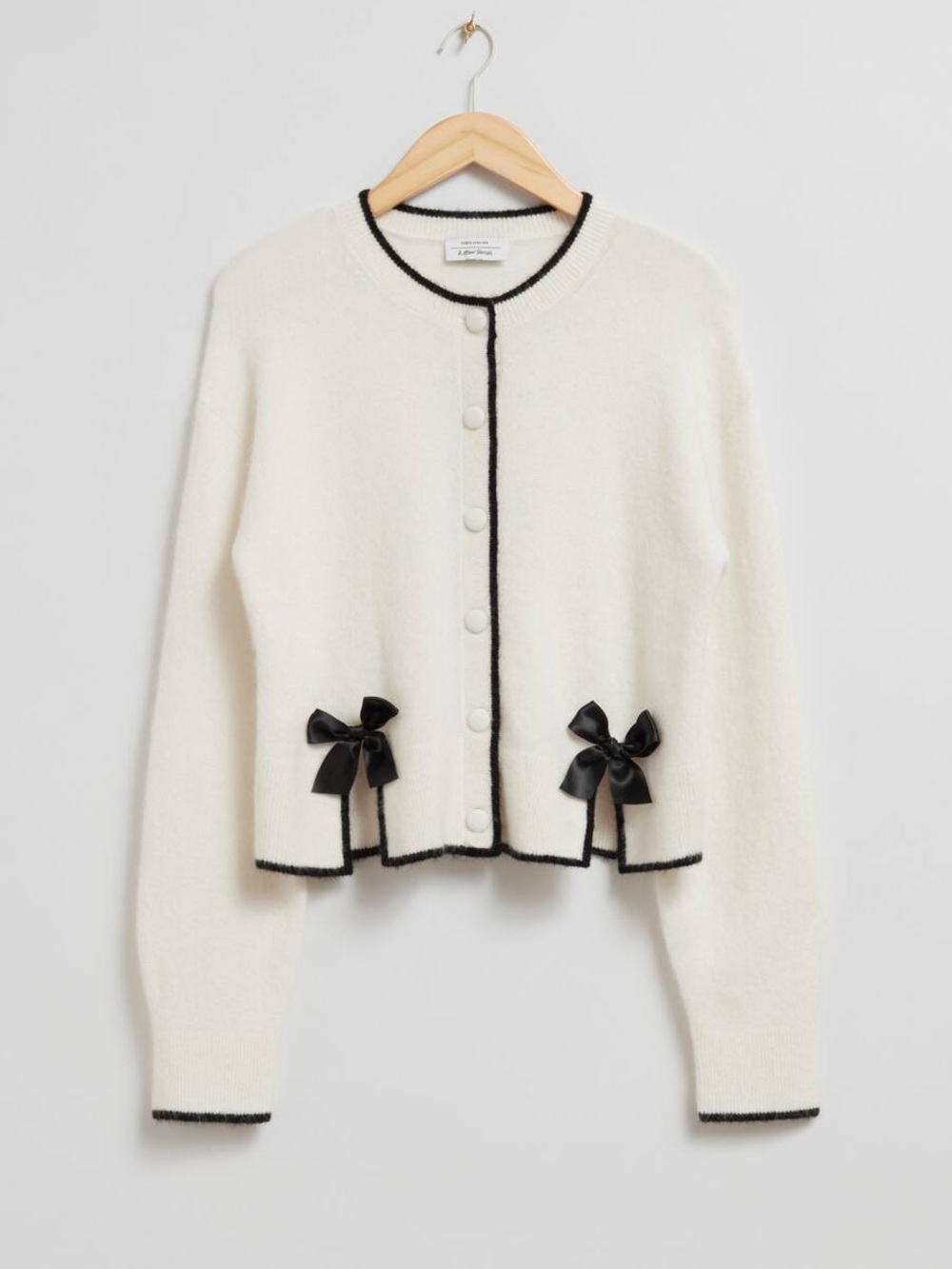 & Other Stories Cream Cropped Cardigan with Black Trim and Ribbon Bows